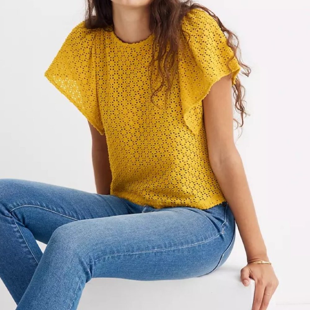 Madewell Texture & Thread Eyelet Flutter-Sleeve Top Yellow. S.